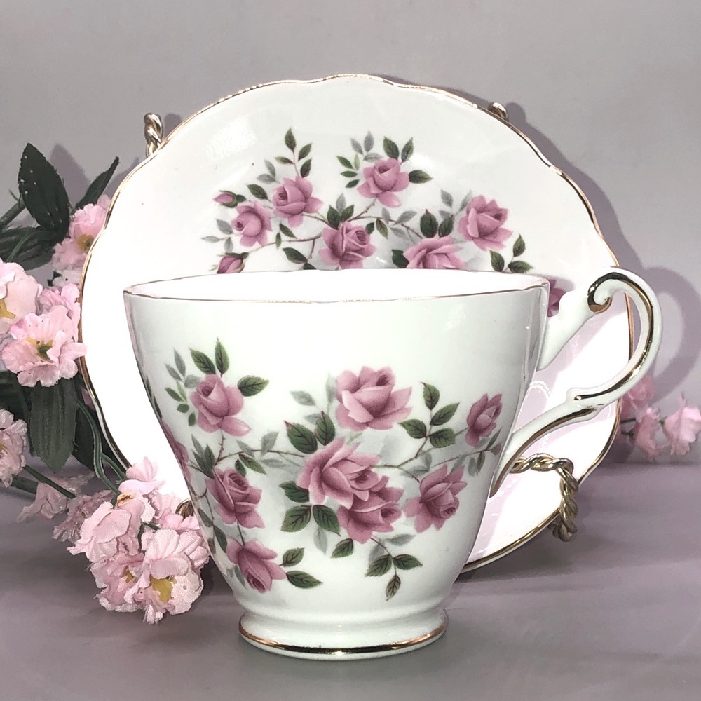 Regency English Bone China Teacup & Saucer, England, Tiny Pink Roses